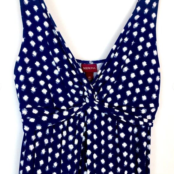 Merona Dress XS Polka- Dot Blue & White Empire Waist Retro Boho - Picture 2 of 12